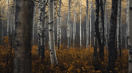 Obraz premium Enchanting Birch Forest with Dramatic Lighting and Golden Autumn Undergrowth : Generative AI