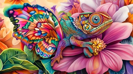Whimsical Chameleon and Butterfly Fusion Artwork