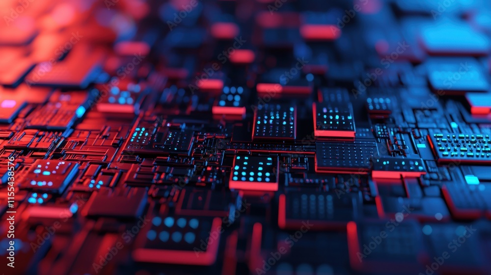 Poster Complex network of microchips and circuitry illuminated by red and blue light, creating a futuristic technological landscape