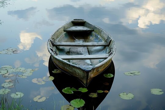 Old wooden boat resting in tranquil waters surrounded by greenery during a calm day - Powered by Adobe