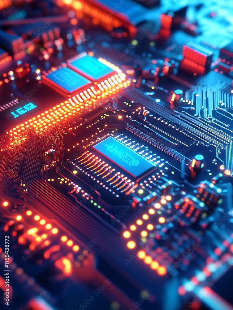 Poster Vibrant Electronic Circuit Board with Glowing Microchips and Traces : Generative AI