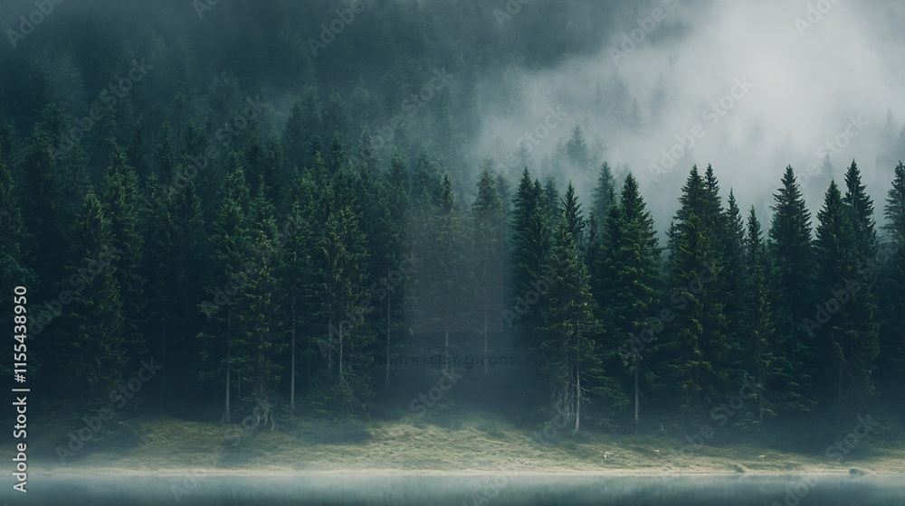 Poster evergreen forest in misty morning atmosphere with dense fog and calm serenity : generative ai