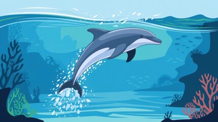 A detailed illustration of a bottle-nosed dolphin jumping out of the Caribbean Sea against a vibrant sky