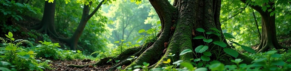 Fototapeta premium Ancient tree with lush forest horsetail and ferns wrapping around its trunk, wild, tree bark, forest