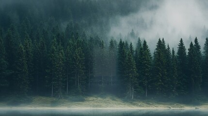 Evergreen Forest in Misty Morning Atmosphere with Dense Fog and Calm Serenity : Generative AI