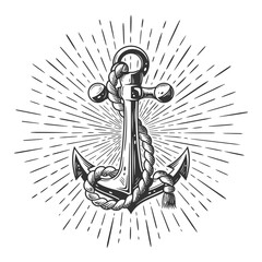 Vintage anchor tattoo with sun rays isolated on white background. Engraving of anchor with ropes. Vector illustration © MegaShabanov