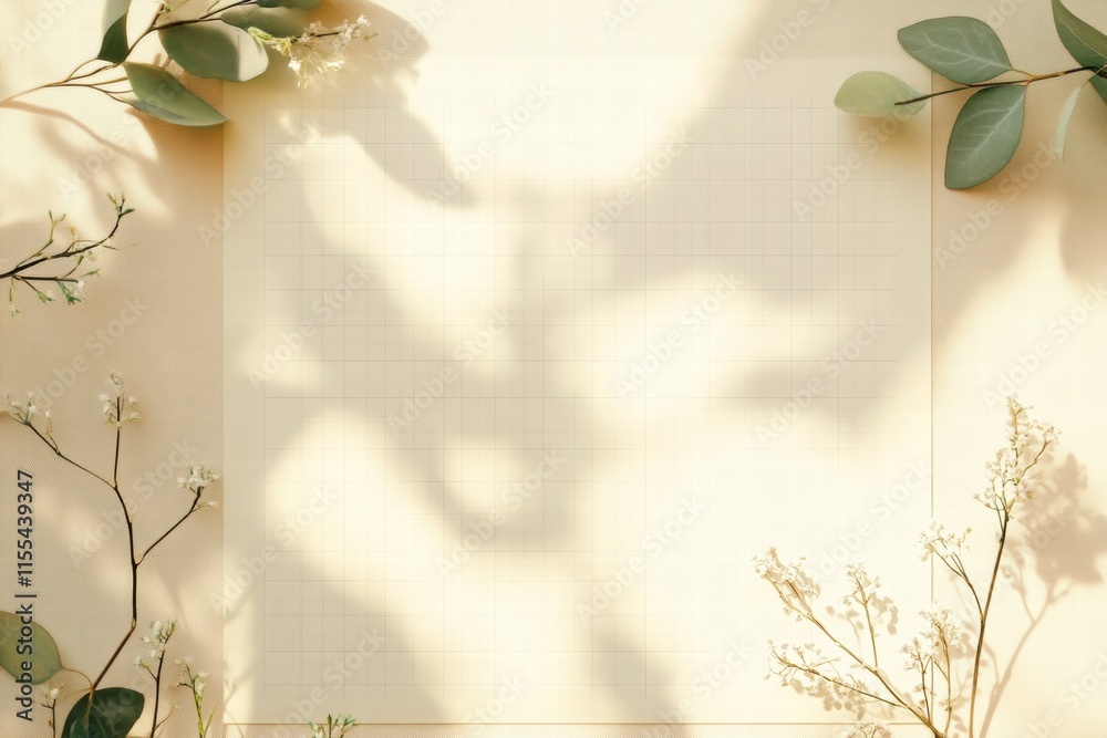 Poster planner layout with subtle grid lines surrounded by delicate greenery and soft shadows in a minimali