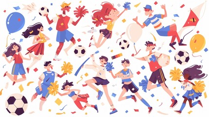 Cartoon Soccer Sports Fans with Tools to Cheer Team Win