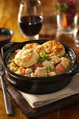 Savory Chicken Pot Pie with Flaky Biscuits in a Rustic Setting, Perfect for Hearty Meals or Family Gatherings, Served with Red Wine and Fresh Vegetables