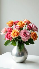 Fototapeta premium An elegant arrangement of colorful roses and tulips in a modern silver vase with a neutral white background, flower arrangement, flower vase