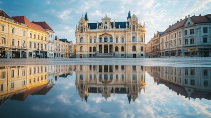 Obraz premium Majestic European City Hall Reflection in a Puddle