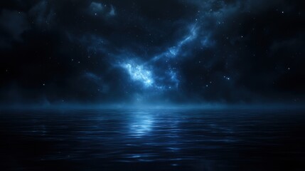 A dark blue sky with a large cloud and many stars