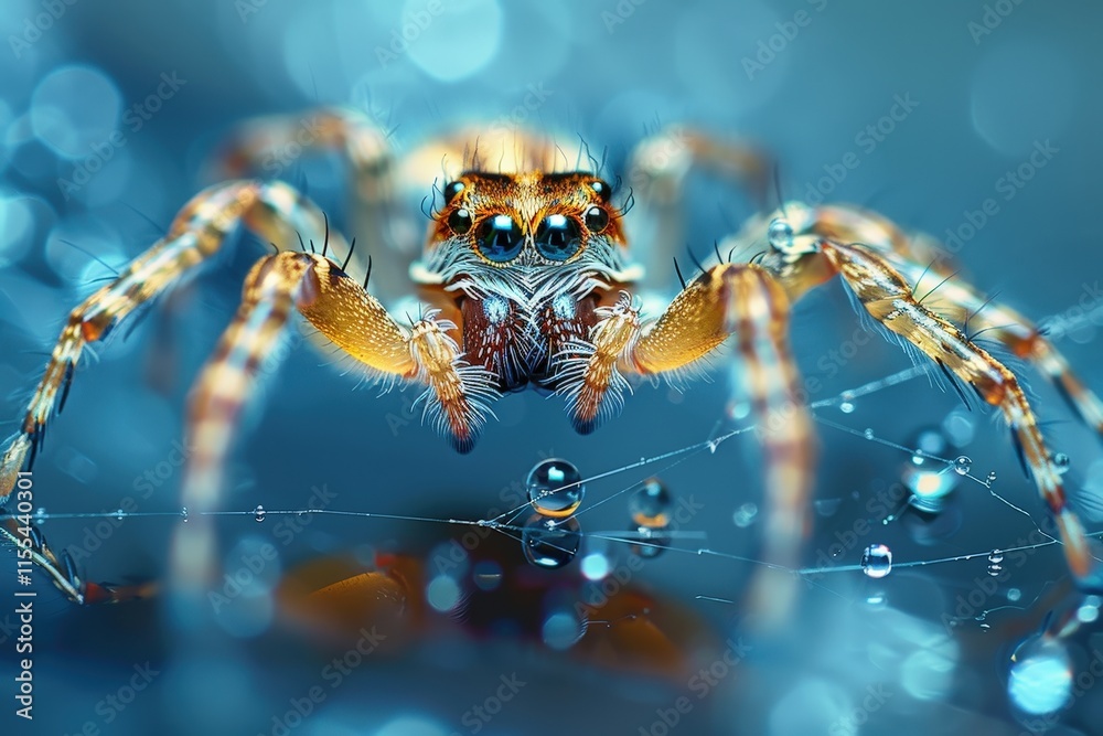 Poster close-up view of a vividly colored spider showcasing intricate details of its body and vibrant marki