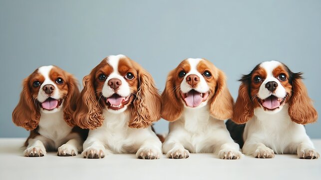 Happy Cavalier King Charles Spaniel Puppies Lined Up Against Blue Background : Generative AI