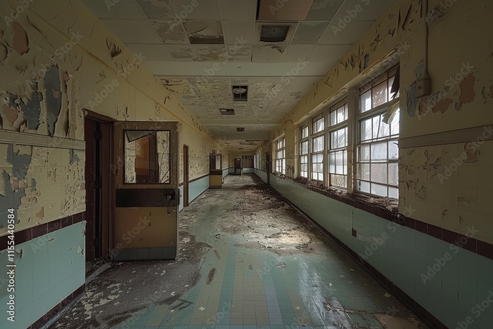 Poster abandoned hallway of a rundown building showcasing peeling paint and dusty floors with sunlight stre