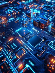 Obraz premium Futuristic illuminated circuit board with detailed linked electronic components : Generative AI