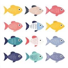 Colorful Collection of Cartoon Fish in Various Patterns and Colors Swimming Underwater for Kids and Educational Illustrations