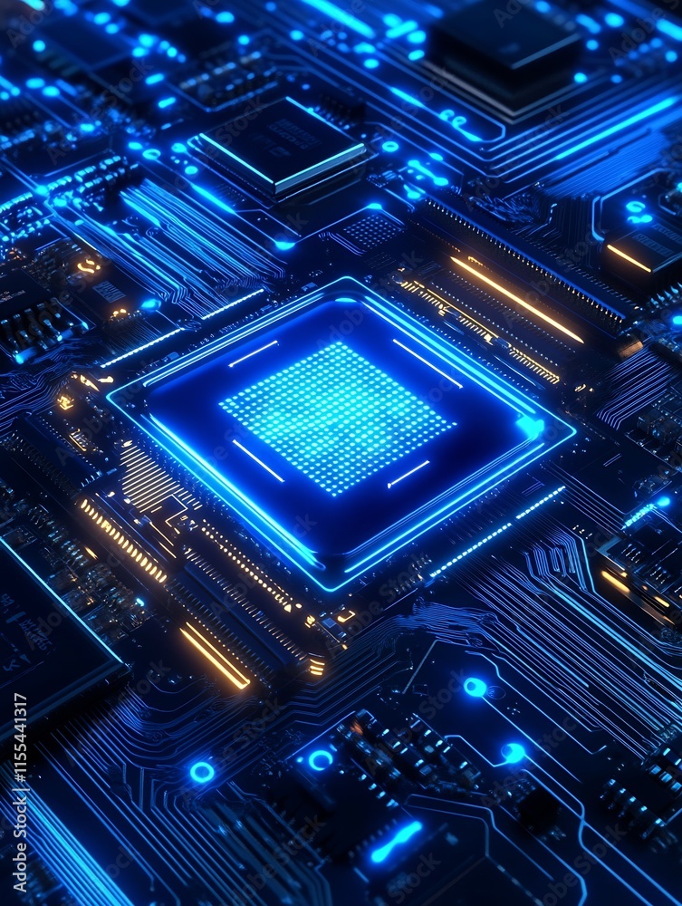 Poster futuristic circuit board with glowing microchips in blue and orange tones : generative ai