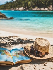 Relaxing Tropical Beach with Straw Hat and Open Book on Sandy Shoreline : Generative AI