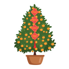 Kumquat plant with fruits on white for for Tet holiday or Chinese New Year. inscription: happy new year