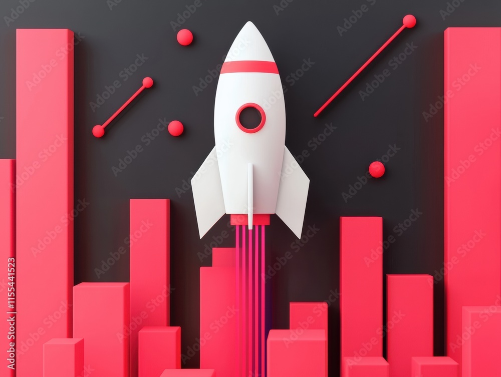 Poster white rocket launching over growing red bar graph depicting startup growth projection on a dark back