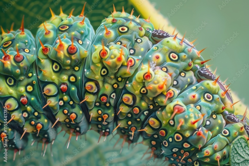 Poster brightly colored caterpillar crawling on a leaf in a lush environment during daylight hours in a tro