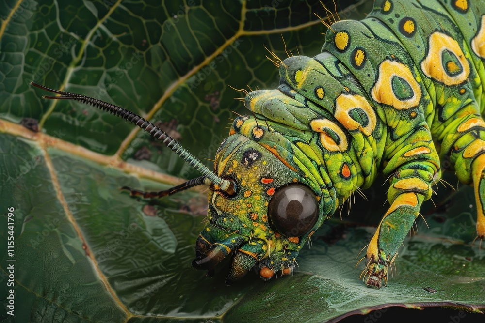 Poster brightly colored caterpillar crawling on a leaf in a lush environment during daylight hours in a tro