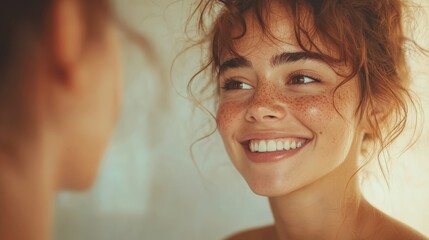 Smiling woman with freckles looking in the mirror in soft natural light