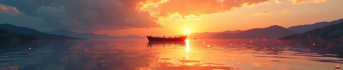 Naklejka premium Ark resting on calm lake surface at sunset with gentle ripples, heavens, ark