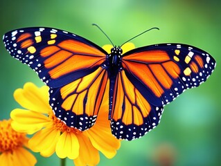 Obraz premium Stunning close-up of a vibrant orange and black butterfly perched on a bright yellow flower, showcasing detailed wings and nature's beauty in a soft blurred background