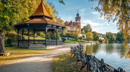 Autumnal Park Gazebo by the Lake