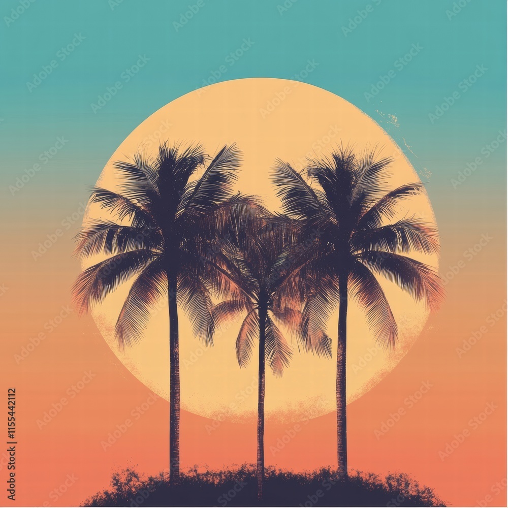 Aufkleber palm trees silhouetted against a pastel orange and blue sunset with a large sun in the background cr