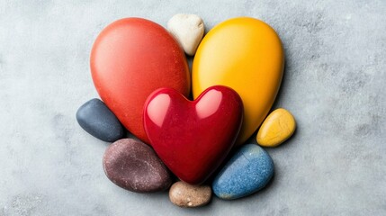 Obraz premium Colorful Heart-Shaped Stones Arrangement on Grey Background