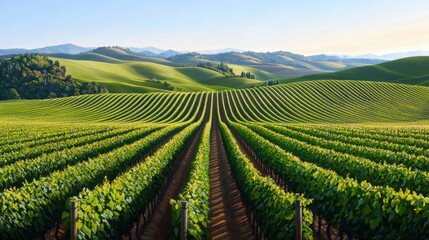 Fototapeta premium Rolling Hills Vineyard Landscape Lush Green Vines Agriculture Nature