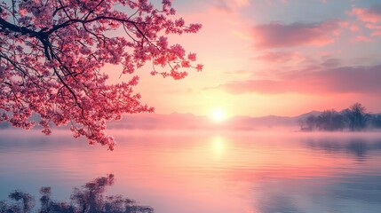 Serene Sunrise Pink Blossom Tree Over Misty Lake