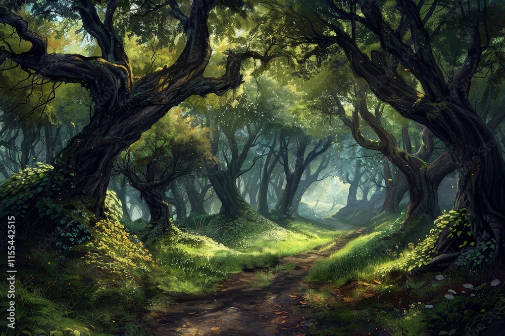 Poster Mysterious forest pathway illuminated by gentle sunlight filtering through lush trees and vibrant foliage in a serene woodland setting