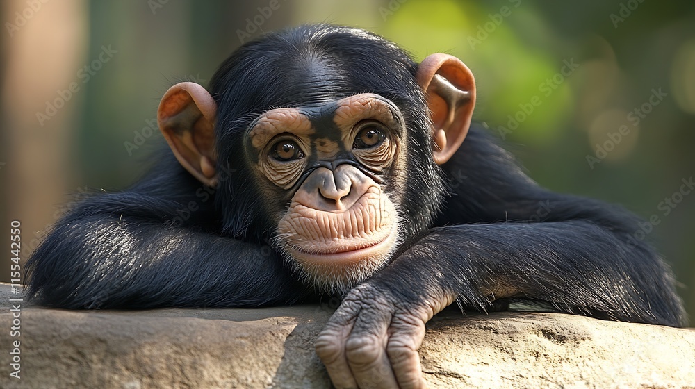 Aufkleber adorable chimpanzee resting on rock with expressive eyes and soft fur in lush jungle environment : g