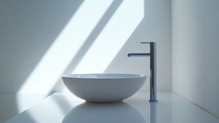 Bright natural light illuminating a white ceramic sink and silver faucet in a minimalist bathroom with soft shadows