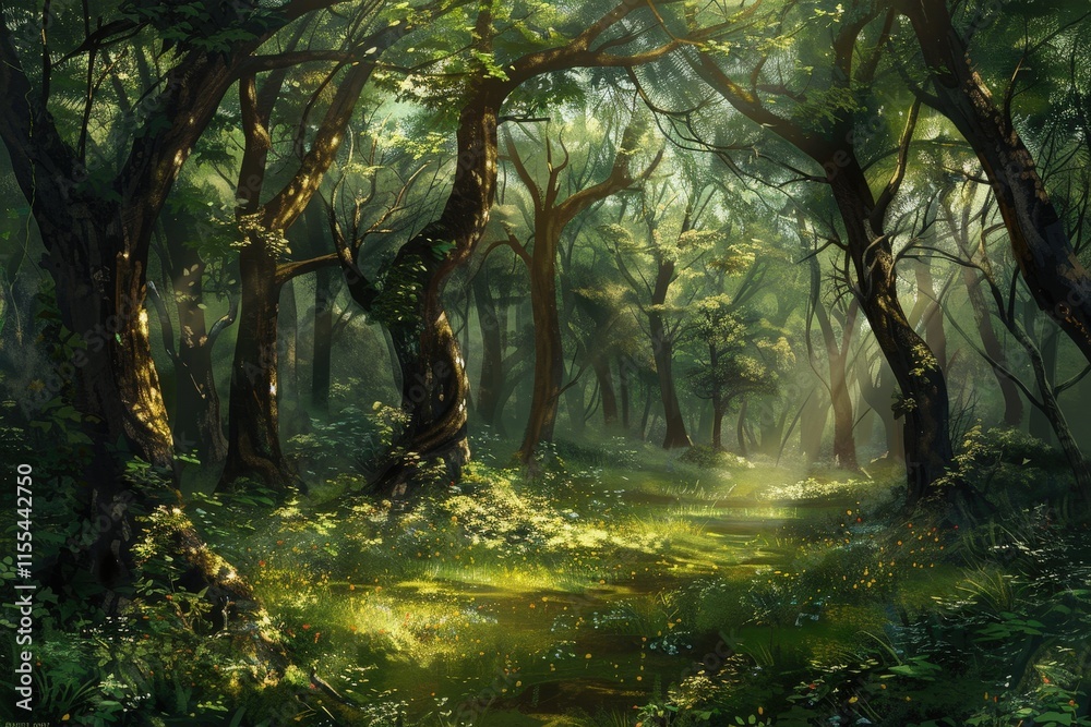 Poster Mysterious forest pathway illuminated by gentle sunlight filtering through lush trees and vibrant foliage in a serene woodland setting