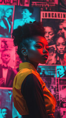 Obraz premium Young woman standing tall with historical icons in the background: Black History Month