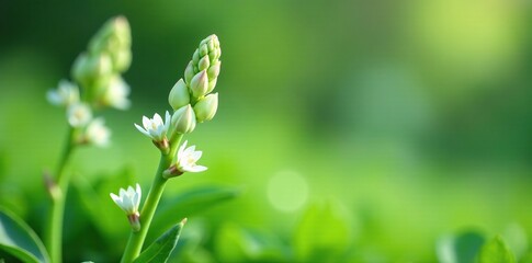 Obraz premium Asparagus plant with delicate white flowers blooming, blooms, white