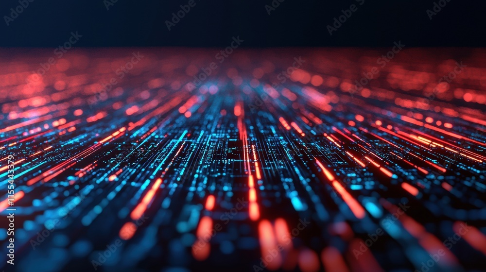 Poster red and blue glowing lines converge towards the horizon, creating a futuristic technological landsca