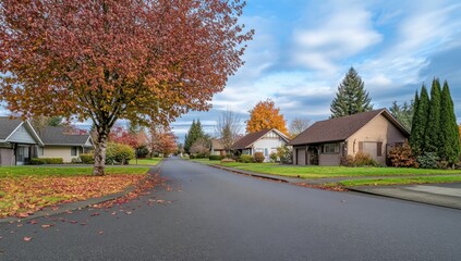 Tranquil Autumn Scene in a Suburban Neighborhood with Colorful Trees, Clear Blue Sky, and Leaf-Covered Streets, Perfect for Capturing the Essence of Fall