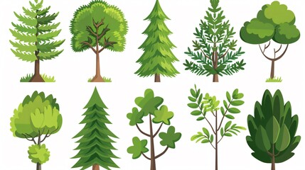 Summer Forest Tree Flat Vector Icons - Pine and Oak Trees in Green Environment