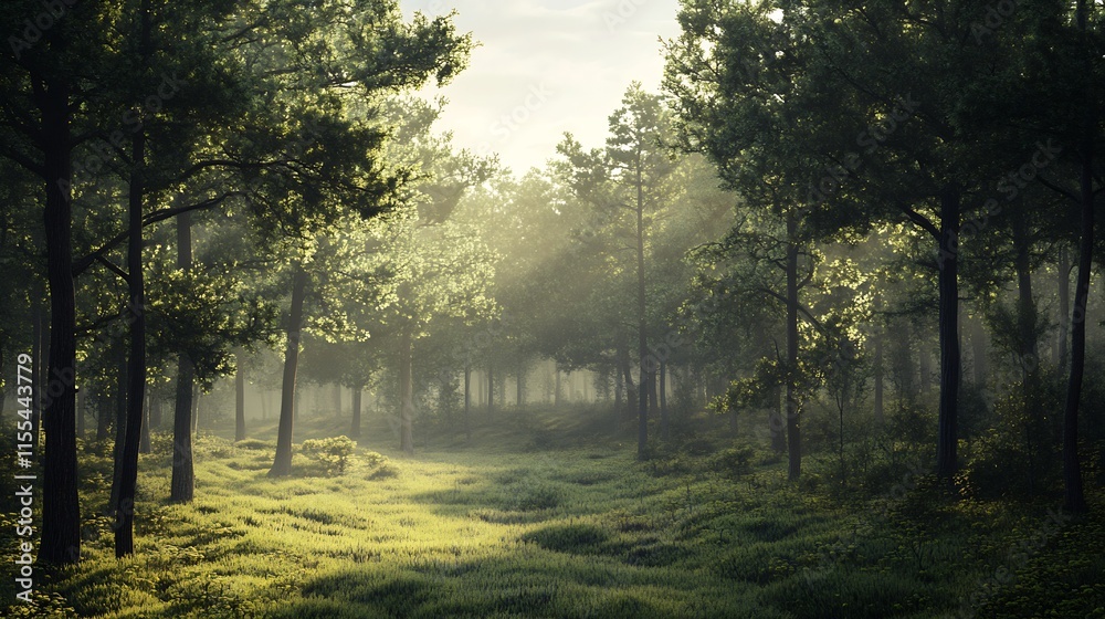 Poster enchanting forest meadow bathed in soft morning light through lush trees : generative ai