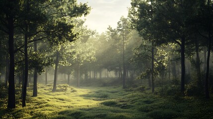 Obraz premium Enchanting Forest Meadow Bathed in Soft Morning Light through Lush Trees : Generative AI