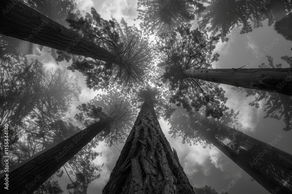 Poster sunlight filtering through tall trees in a lush green forest creates a serene and tranquil atmospher