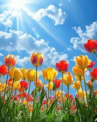 Fototapeta premium Sunny Spring Tulips Field Bright Flowers Colorful Blooms Sky