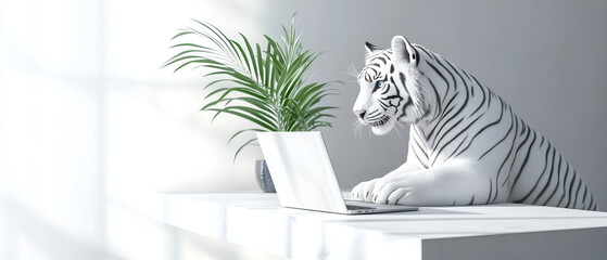 white tiger sitting next to potted plant, in front of computer and typing on keyboard isolated over bright, modern interior; concept of job interview, technology, startup; panoramic banner; copy space