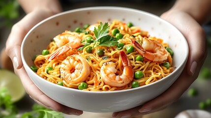 Shrimp fried noodles in white ceramic bowl, hands holding bowl, Asian cuisine, stir-fried yellow noodles, fresh prawns, green peas, diced carrots, appetizing food photography, warm golden tones.